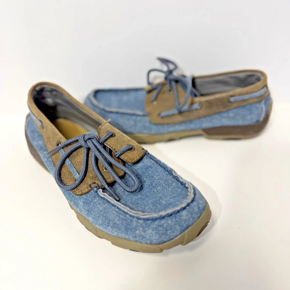 Twisted X Youth 4.5M Driving Mocs Lace Up Blue Denim Canvas Brown Leather Shoes